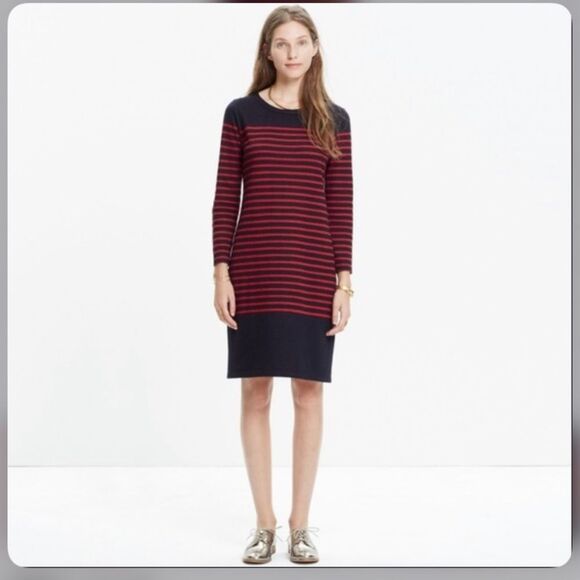 Madewell Mariner Stripe Midi Dress Nautical Sweater Navy Red wool - Picture 2 of 10